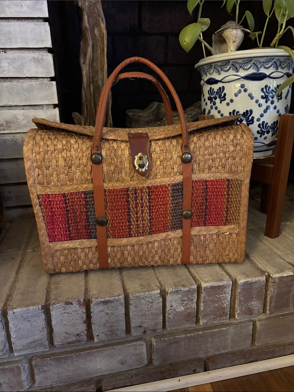 Vintage Woven Straw Tote with Brown Leather Handles